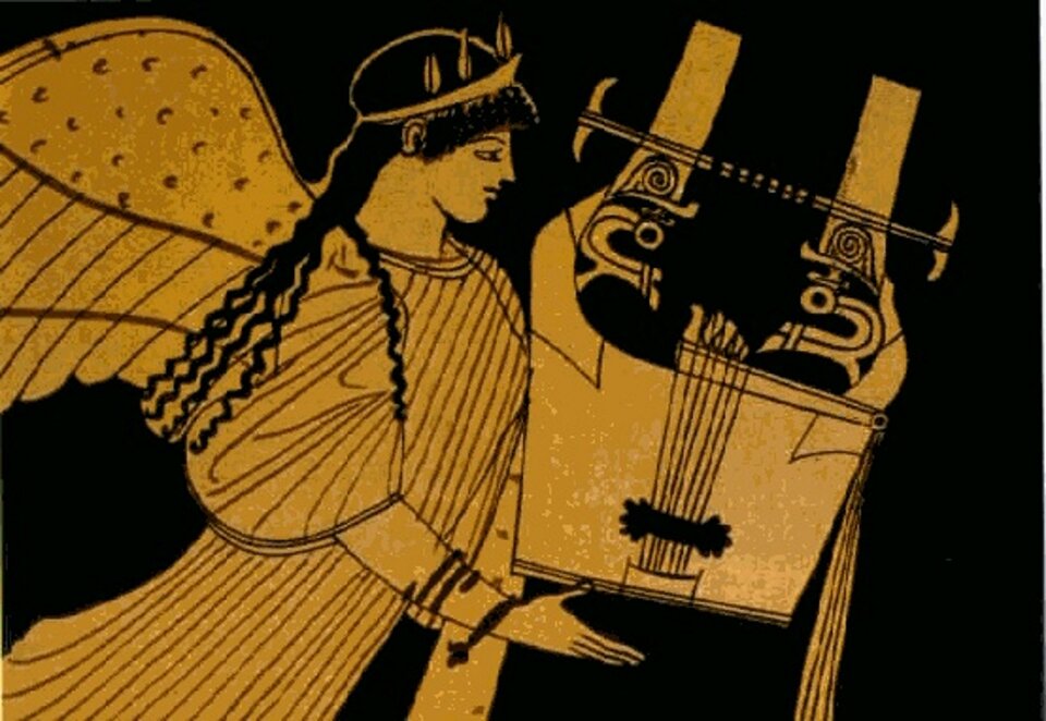 Kitara. Ilustracja przedstawia postać w długich czarnych włosach, która jest uskrzydlona. Na głowie ma wianek z liści laurowych. W dłoniach trzyma instrument kitara - instrument muzyczny używany przez starożytnych Greków. Grafika jest w barwie czarnej i pomarańczowej.