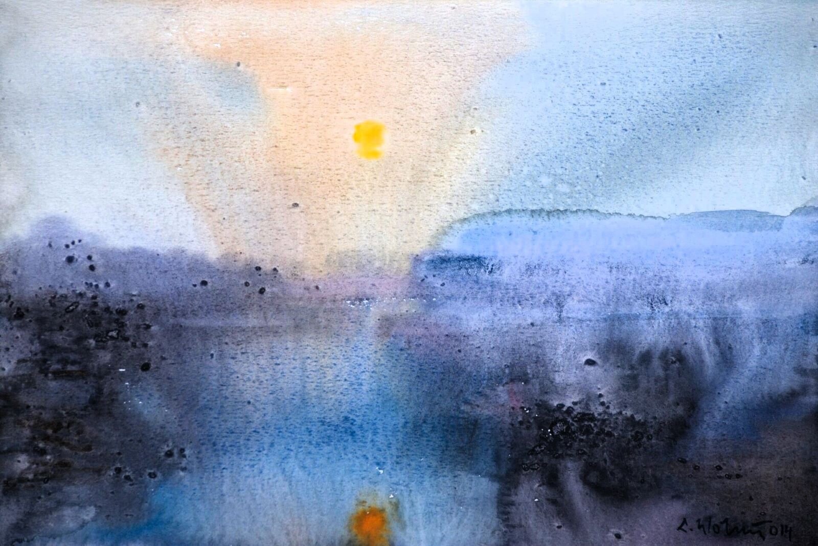 Obraz przedstawia pejzaż namalowany farbami akwarelowymi. Niebo rozjaśnione jest pośrodku słońcem i odbija się w wodzie, która przechodzi w nieokreślony ląd z rozsypanymi, ciemnymi drobinkami. Trudno znaleźć granice wody, ziemi i nieba. Słońce jest tylko niewielką okrągłą plamką, natomiast ląd i odbicia w wodzie to duże, nieregularne plamy mocno rozwodnionej farby zachodzące na siebie.