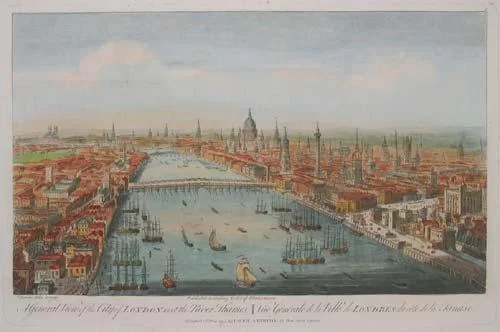 Ilustracja przedstawia panoramę Londynu. W centralnej części ilustracji rzeka, która biegnie od dołu ku górze obrazu. Po rzece płyną statki i żaglówki. Po obu stronach rzeki panorama miasta, składająca się z gęsto ustawionych budynków mieszkalnych, nad którymi górują wieże kościelne i miejskie. W centralnej części rzeki znajduje się duży most, który łączy oba brzegi.  