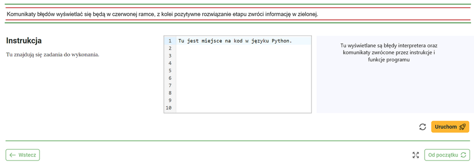 Widok testerki bez przykładowych instrukcji i kodu