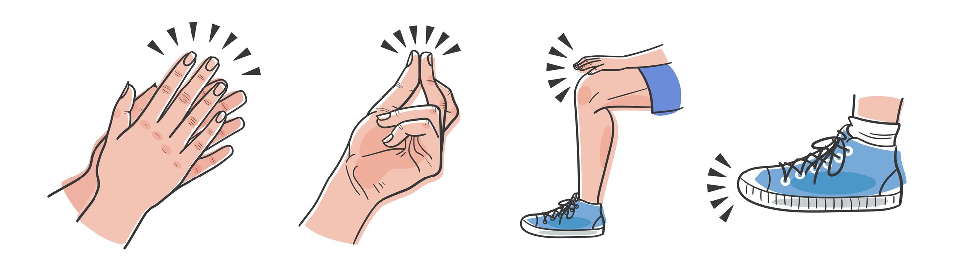 Ilustracja przedstawiająca od lewej: dłonie, które klaszczą, następnie pstrykające palce, następnie uderzanie dłonią o kolano, następnie tupnięcie butem. Tło jest białe.