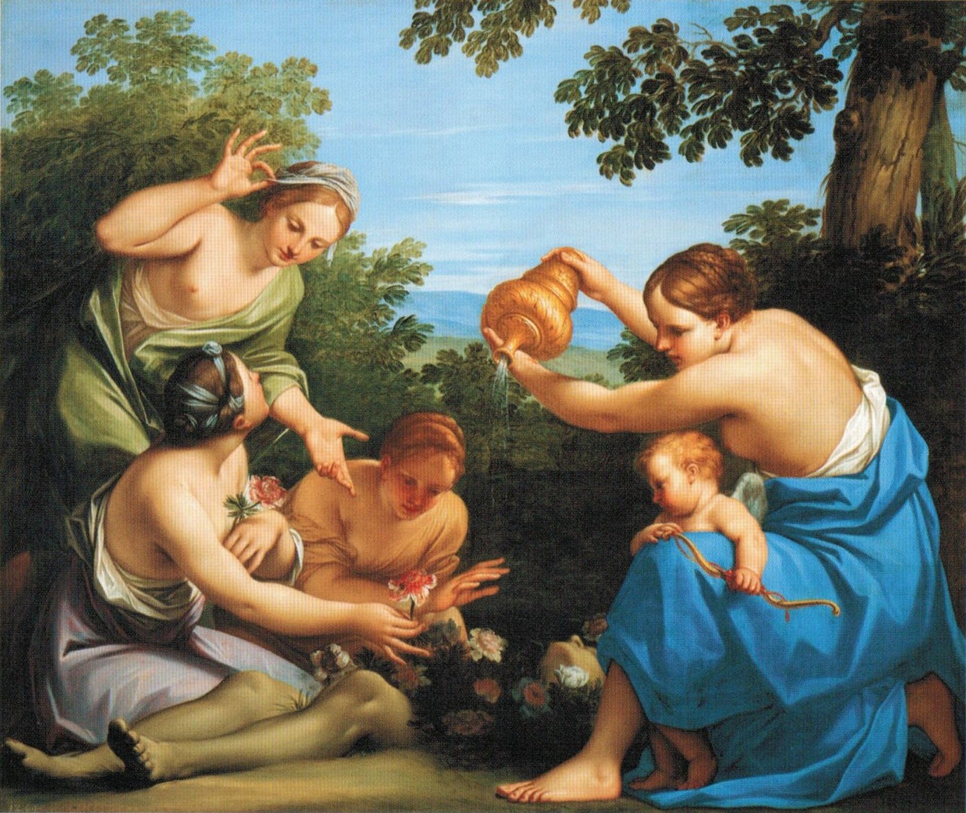 Kolorowa ilustracja przedstawia dzieło Marcantonio Franceschini’ego pt. „Metamorfoza zmarłego Adonisa”. Na pierwszym planie obrazu znajdują się cztery młode dziewczyny. Pochylają się one nad ciałem leżącego Adonisa. Stroją je kwiatami, jedna wylewa na nie wodę z dzbana. Z prawej strony, przy dziewczynie, stoi mały nagi Kupidyn z łukiem. Tło stanowią drzewa i krzewy. W dali widać błękitne niebo.