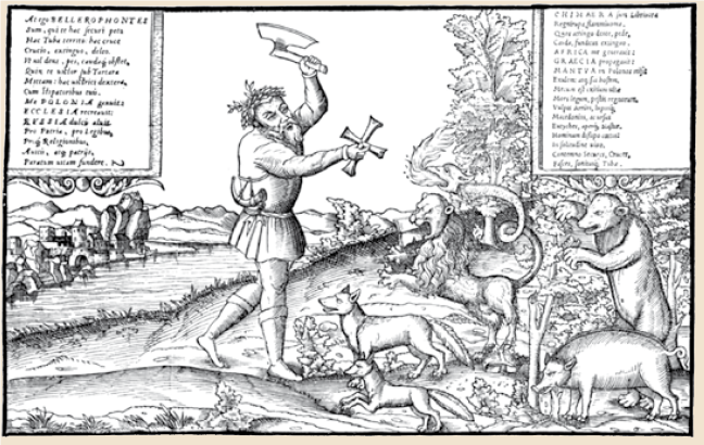 Ilustracja przedstawia karykaturę chrześcijańskiego rycerza. Czarno biały rysunek przedstawia mężczyznę próbującego przemówić do zwierząt, w ręku trzyma krzyż i siekierę. 