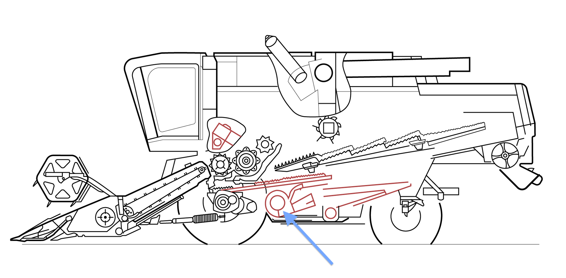 Grafika przedstawia schemat budowy kombajnu zbożowego. Kolorem czerwonym zaznaczono zespół czyszczący. Niebieską strzałką wskazany został jeden z elementów budowy zespołu młócącego – podajnik ziarnowy. Znajduje się on na samym dole zespołu czyszczącego, poniżej sita dolnego i pochylni. Na podajnik ziarnowy spada oczyszczone ziarno.