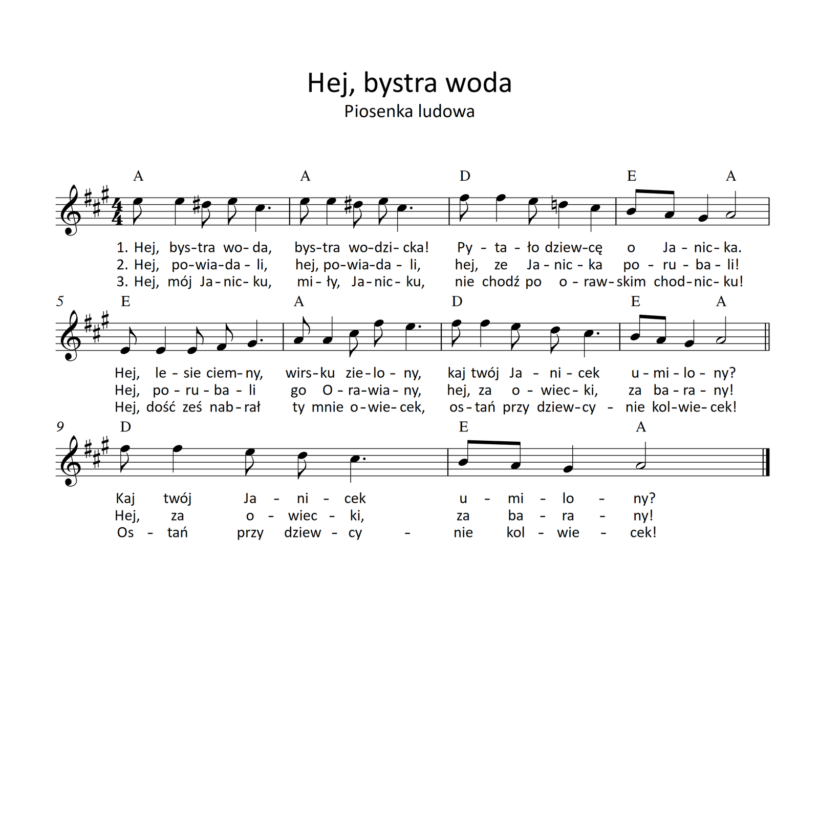Tekst piosenki „Hej, bystra woda” z zapisem do gry na fortepianie oraz akordami na gitarę Grafika przedstawia partyturę utworu „Hej Bystra Woda”. Utwór jest napisany w metrum cztery czwarte, w tonacji A‑dur. Wszystkie dźwięki znajdują się w obrębie oktaw razkreślnej oraz dwukreślnej i są zapisane w kluczu wiolinowym. Pierwszy takt rozpoczyna się od ósemki e, po której następuje ćwierćnuta e, a dalej ósemka dis. Na trzecią miarę śpiewana jest ósemka e, a następnie ćwierćnuta z kropką cis. Nad taktem zapisano akord A‑dur. W drugim takcie na pierwszą miarę śpiewana jest ósemka e, dalej ćwierćnuta e i ósemka dis. Na trzecią i czwartą miarę zapisane są ćwierćnuty: odpowiednio e oraz cis. W takcie grany jest akordy A‑dur. Takt trzeci zaczyna się od ósemki fis, po której śpiewana jest ćwierćnuta fis, a dalej ósemka e. Na miarę trzecią wykonywana jest ćwierćnuta d, a na czwartą miarę ćwierćnuta cis. Nad taktem zapisano akord D‑dur. W czwartym takcie na pierwszą miarę śpiewane są ósemki: h oraz a. Na drugą miarę wykonywana jest ćwierćnuta gis, a na miarę trzecią półnuta a. W takcie grane są akordy: E‑dur na pierwsze dwie miary oraz A‑dur na miary trzecią oraz czwartą. W takcie piątym na pierwsze dwie miary zapisano ósemkę e, dalej ćwierćnutę e i ponownie ósemkę e. Na trzecią miarę śpiewana jest ósemka fis, a dalej ćwierćnuta z kropką gis. Nad taktem zapisano akord E‑dur. W takcie szóstym na pierwszą miarę śpiewana jest ósemka a, dalej ćwierćnuta a i ósemka cis. Na trzecią i czwartą miarę zapisano ósemkę fis oraz ćwierćnutę z kropką e. W takcie grany jest akordy A‑dur. Takt siódmy rozpoczyna się od ósemki fis, dalej następuje ćwierćnuta fis oraz ósemka e. Na trzecią oraz czwartą miarę wykonywane są ósemka d oraz ćwierćnuta z kropką cis. Nad taktem zapisano akord D‑dur. W ósmym takcie na pierwszą miarę śpiewane są ósemki: h oraz a. Na miarę drugą zapisano ćwierćnutę gis, a na miarę trzecią półnutę a. W takcie wykonywane są akordy: E‑dur na miary pierwszą oraz drugą i A‑dur na miary trzecią oraz czwartą. Dziewiąty takt rozpoczyna się od ósemki fis, dalej następuje ćwierćnuta fis oraz ósemka e. Na trzecią oraz czwartą miarę wykonywane są ósemka d oraz ćwierćnuta z kropką cis. Nad taktem zapisano akord D‑dur. W dziesiątym takcie na pierwszą miarę śpiewane są ósemki: h oraz a. Na miarę drugą zapisano ćwierćnutę gis, a na miarę trzecią półnutę a. W takcie wykonywane są akordy: E‑dur na miary pierwszą oraz drugą i A‑dur na miary trzecią oraz czwartą.