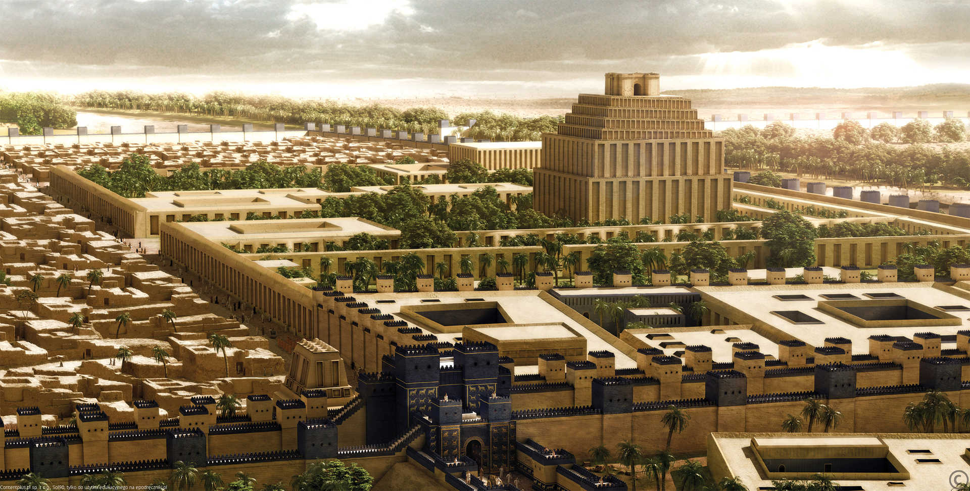 Grafika przedstawiająca starożytny Babilon i wyróżniający się budynek zigguratu.