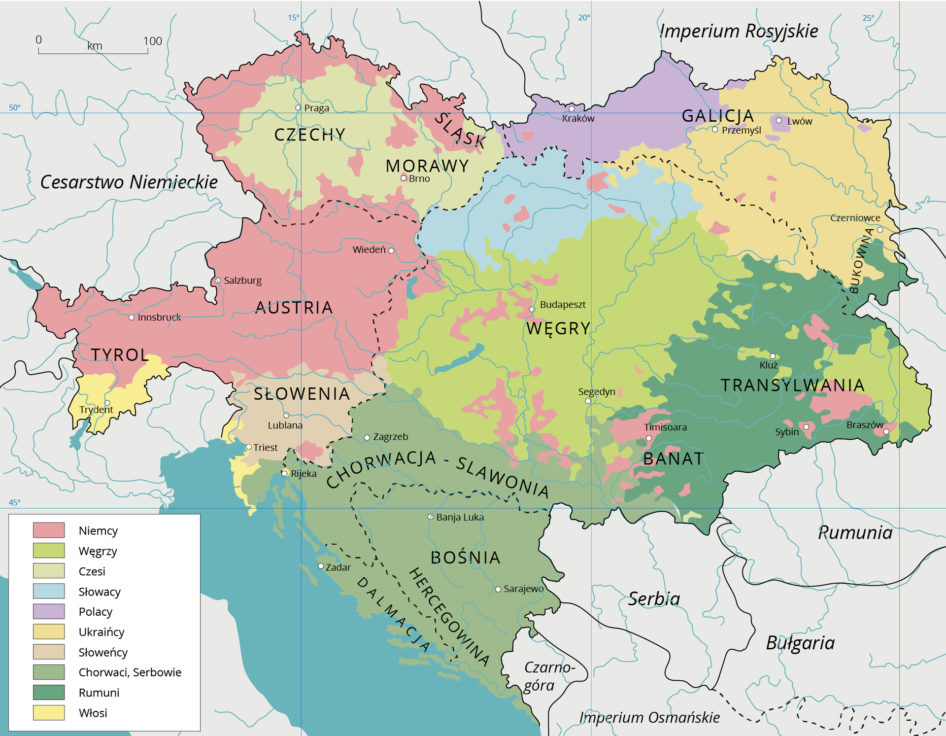 Skład narodowościowy monarchii austro – węgierskiej wg cenzusu z 1911 r. Znajdowali się: Niemcy (zajmowały teren Austrii i Tyrolu.), Węgrzy (znacznie powiększyli swoje ziemie), Czesi (znajdowali się na terenie Czech i Moraw), Słowacy, Polacy, Ukraińcy (wraz z Polską tworzyli teren Galicji), Słoweńcy, Chorwaci i Serbowie (połączyli się w Bośnię, i Hercegowinę, Chorwacja‑Slawonia, Dalmatia), Rumunii, Włosi.