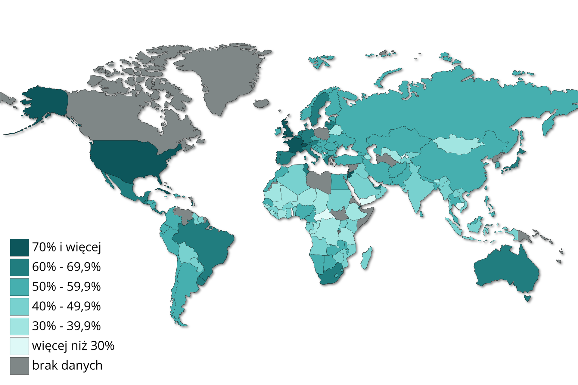 Na mapie świata zaznaczono udział procentowy usług w tworzeniu PKBw poszczególnych krajach. Dominują Stany Zjednoczone, Kuba, Francja, Wielka Brytania, Szwajcaria, Jordania, Izrael - 70% i więcej. W przedziale od 60% do 69,9% mieszczą się następujące kraje: Meksyk, Panama, Brazylia, Urugwaj, RPA, Tunezja, Zjednoczone Emiraty Arabskie, Szwecja, Hiszpania, Portugalia, Grecja, Włochy, Niemcy, Austria, Belgia, Holandia, Dania, Litwa, Łotwa, Australia. Udział usług w przedziale od 40 do 59,9% dotyczy między innymi Rosji, Chin, Kazachstanu, Iranu, Ukrainy, Węgier, Bułgarii, Czech, Słowacji, Turcji, części krajów afrykańskich. Najmniej usług jest w Jemenie oraz w Republice Środkowoafrykańskiej. W Polsce brak danych.    