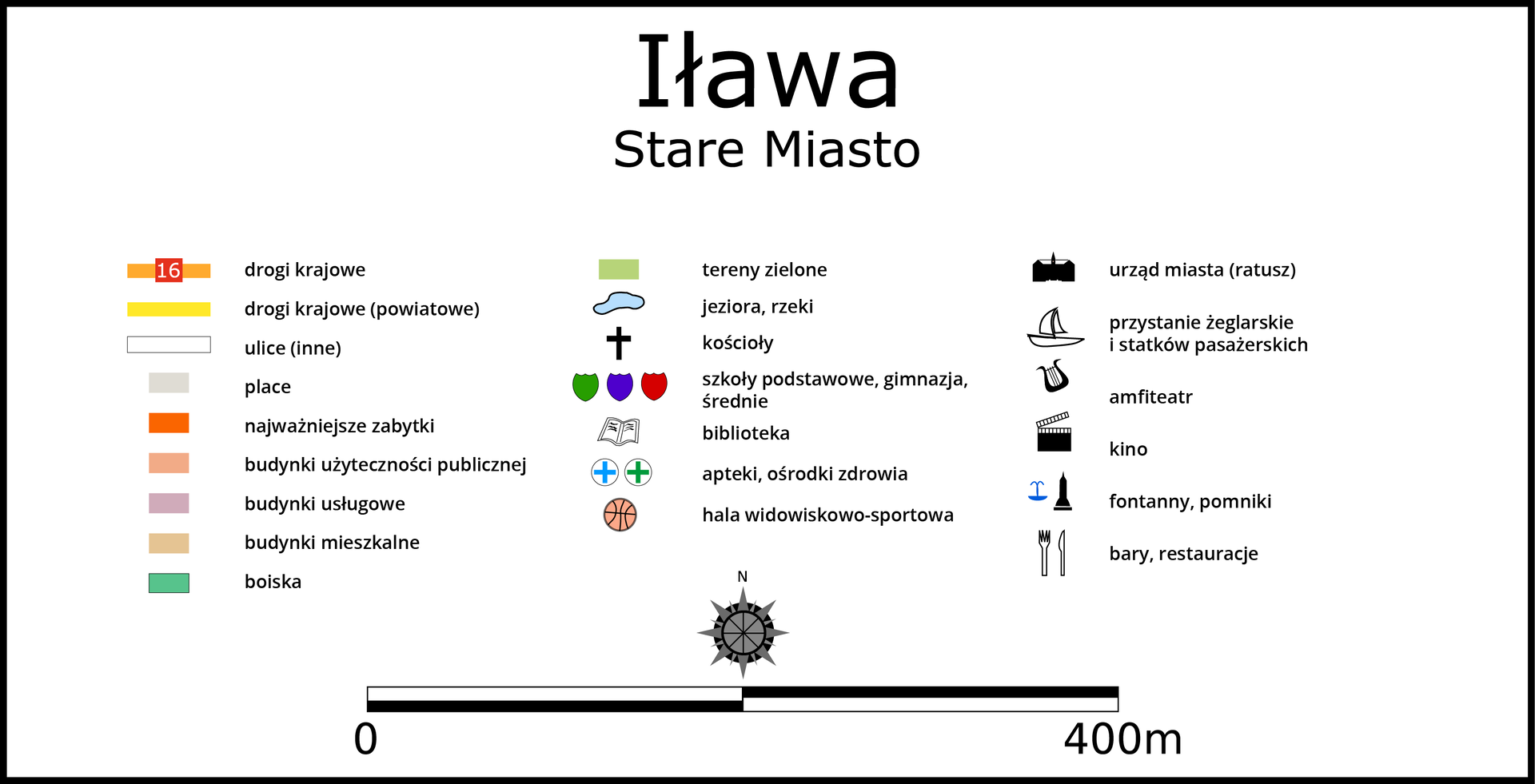 Legenda do planu miasta. U góry tytuł. Iława Stare Miasto. Poniżej oznaczenia. Sygnaturami oznaczono kościoły, szkoły, biblioteki, apteki, hale widowiskowo‑sportowe, Urząd Miasta, przystanie żeglarskie, amfiteatr, kina, fontanny, pomniki, bary i restauracje. Kolorami oznaczono powierzchnie zajmowane przez place (szary), zabytki (czerwony), tereny zielone (zielony), budynki użyteczności publicznej (bladoróżowy), usługowe (jasnofioletowy) i mieszkalne (jasnobrązowy). Liniami ulice (kolor biały) i drogi krajowe (pomarańczowy) i lokalne (żółty). U dołu róża wiatrów z oznaczeniem północy, a pod nią pozioma podziałka, na której jeden odcinek to dwieście metrów.