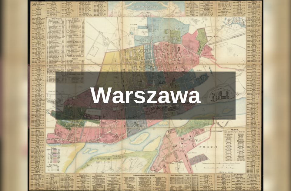 Ilustracja tytułowa. Pośrodku umieszczony jest napis: Warszawa. W głębi umieszczony jest plan miasta.