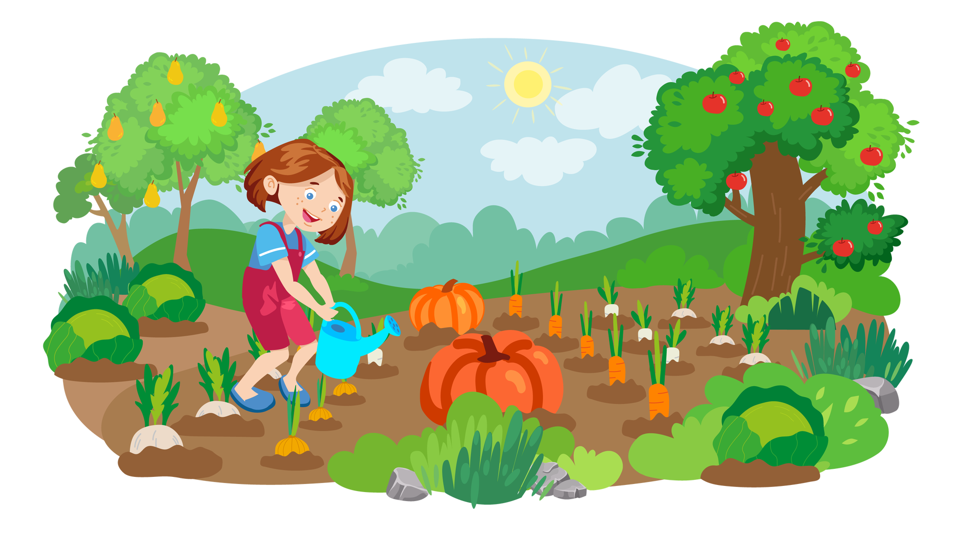 Ilustracja przedstawia sad. W tle widać błękitne niebo ze słońcem i trzema jasnymi chmurami, a także pas zieleni. Teren dookoła jest porośnięty zieloną trawą i krzewami. Po lewej stronie rośnie grusza, a po prawej jabłoń. Dużą część ilustracji zajmują różne warzywa wyrastające z brązowej ziemi uprawnej. Są to główki sałaty, selery, cebule, dynie, marchewki i pietruszki. Między selerami a cebulami stoi uśmiechnięta Maja. Trzyma w rękach niebieską konewkę z wodą, którą podlewa warzywa.