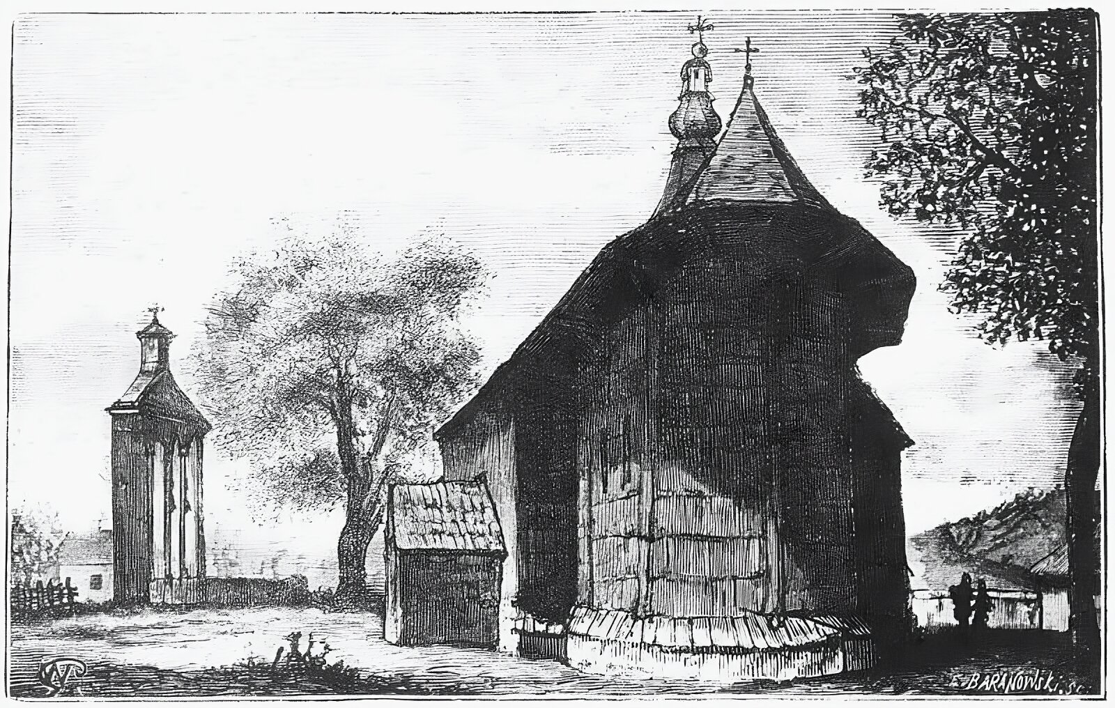 Drzeworyt przedstawia drewniany kościół z wieżyczką z gontem. Po lewej stronie zewnętrznej ściany świątyni widoczne boczne wejście z dwuspadowym dachem. Bliżej lewej krawędzi ilustracji stojąca poza konstrukcją kościoła drewniana wieżyczka dzwonna wykończona krzyżem na szczycie. Pomiędzy świątynią a dzwonnicą drzewo. Po prawej stronie ilustracji naszkicowano domostwa miejscowości oraz dwie osoby w cieniu świątyni. Drzewo na całej długości prawej krawędzi ilustracji. 