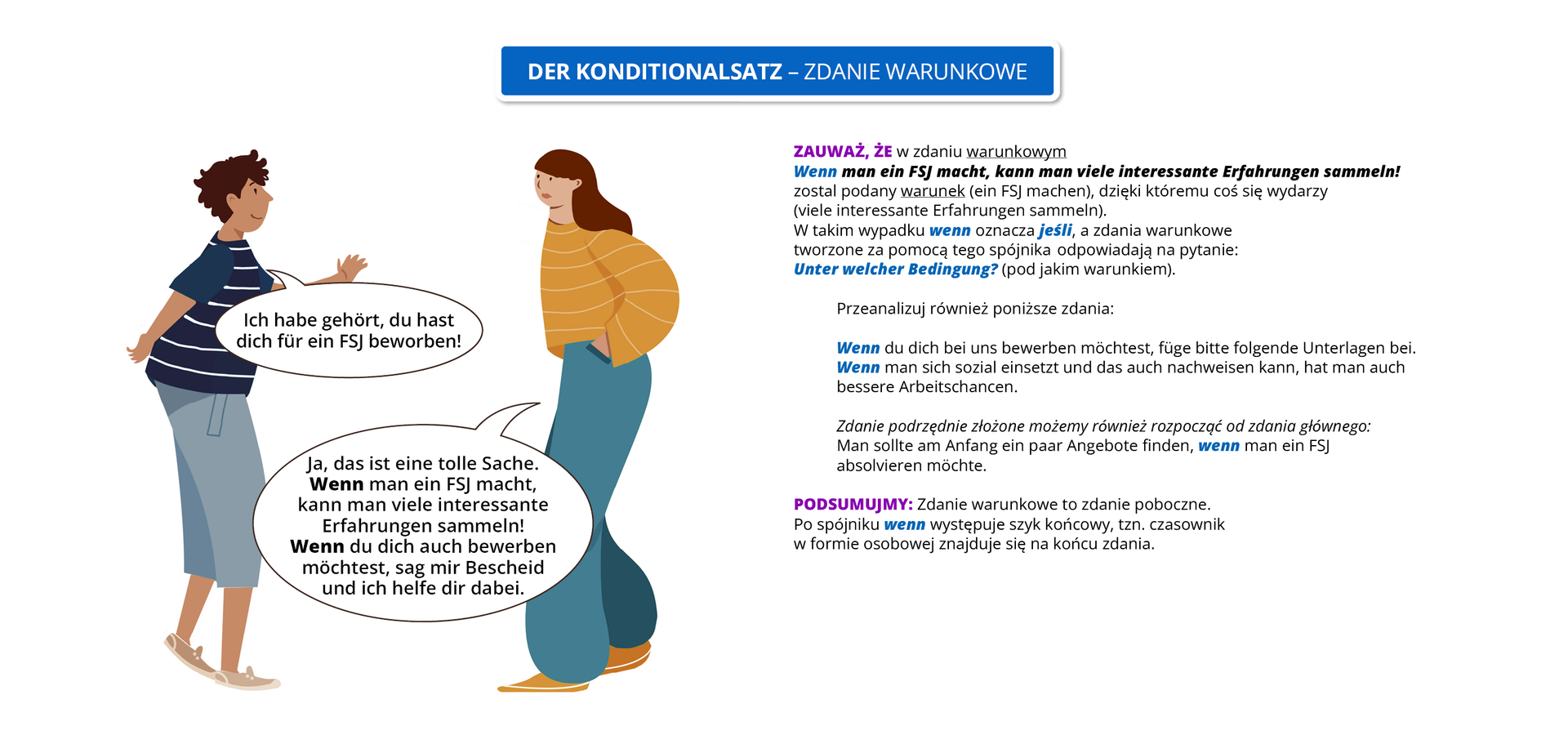 Ilustracja zawiera poradę gramatyczną pod tytułem <span lang="de> DER KONDITIONALSATZ– ZDANIE WARUNKOWE
Ilustracja przedstawia chłopca i dziewczynę w trakcie rozmowy. Chłopiec mówi: <span lang="de> Ich habe gehört, du hast dich für ein FSJ beworben! 
Dziewczyna odpowiada: <span lang="de> Ja, das ist eine tolle Sache. Wenn man ein FSJ macht, kann man viele interessante Erfahrungen sammeln! Wenn du dich auch bewerben möchtest, sag mir Bescheid und ich helfe dir dabei.
Pozostałą część grafiki zajmuje tekst, którego treść wyświetla się poniżej grafiki w trybie dostępności.
