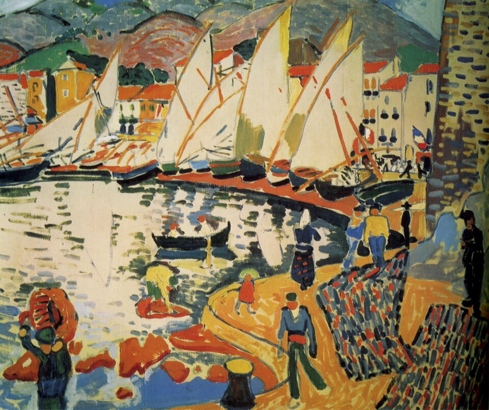 Ilustracja przedstawia obraz André’a Deraina „Suszenie żagli” o kształcie poziomego prostokąta zbliżonego do kwadratu. Ukazuje port rzeczny, po którego nabrzeżu przechadzają się postacie. Na dalszym planie, na brzegu rzeki, ustawione są łodzie z rozstawionymi żaglami. Za nimi znajduje się osiedle z wysokimi zabudowaniami. W tle rozciąga się górzysty pejzaż. Wszystkie elementy namalowane są swobodnie, plamami kolorów oraz posiadają konturowy obrys.