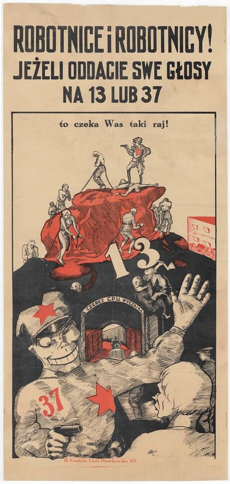 Ilustracja przedstawia na pierwszym planie mężczyznę z pistoletem w prawej ręce, lewą rękę ma uniesioną do góry. Ma on naszytą czerwoną gwiazdę na czapce oraz na bluzie oraz liczbę 37. Stoi naprzeciwko innego mężczyzny. Znajdujący się za nim ludzie wchodzą do tunelu. Nad nim jest cyfra 13. Ludzie nad tunelem chodzą w koło czerwonej wyspy związani liną. Na szczycie stoi mężczyzną z pistoletem w ręce. Ma on na ubraniu czerwoną gwiazdę. W centralnej części plakatu jest napis: "Robotnice i robotnicy! Jeżeli oddacie swe głosy na 37 lub 13 to czeka was taki raj!"