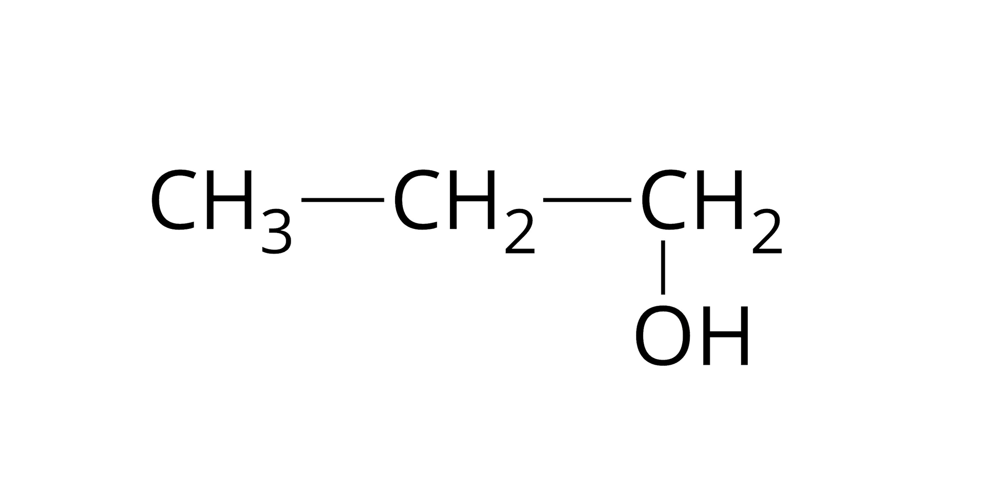 Wzór półstrukturalny propan‑1-olu. Grupa metylowa łączy się z grupą metylenową, ta z kolejną grupą metylenową, która w dół łączy się z grupa hydroksylową.