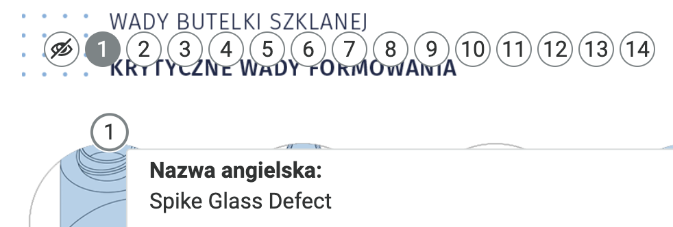 Infografika Grafika przedstawia zbiór znaczników, obecnych u góry infografiki. Widoczny napis dotyczący punktu pierwszego: nazwa angielska Spike Glass Defect.
