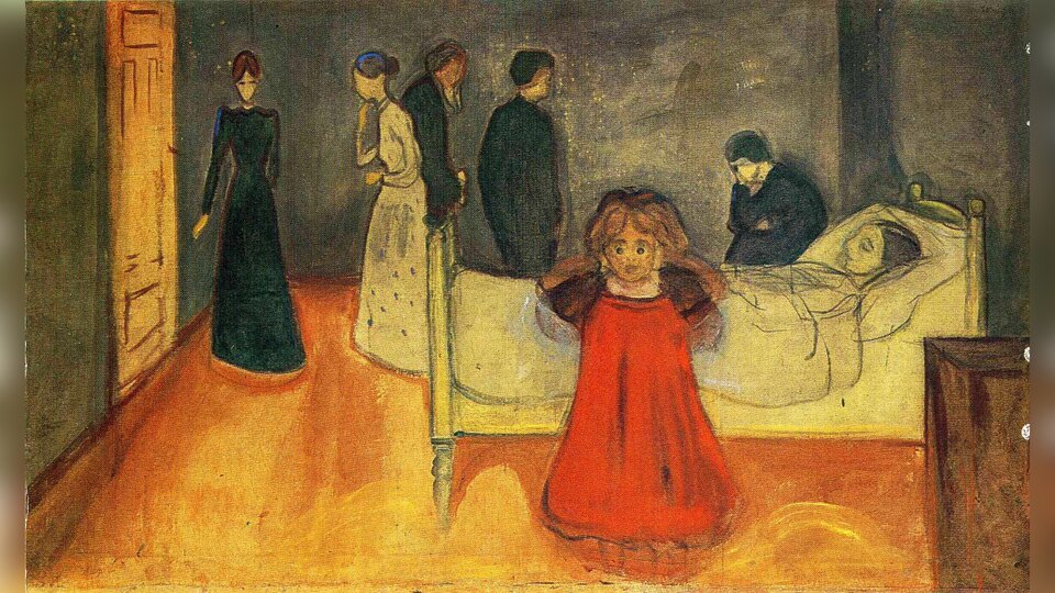 Obraz przedstawia wnętrze pokoju. Pośrodku na pierwszym planie stoi kilkuletnia dziewczynka. Dziecko szeroko otwiera oczy. Zasłania uszy. Ma półdługie włosy. Jest ubrana w długą sukienkę. Za jej plecami stoi łóżko, na którym leży umierająca kobieta. Obok chorej siedzą i stoją dorosłe postaci. Kobiety stoją przy zamkniętych drzwiach. Jedna zasłania z nich zasłania usta. Druga sięga ręką klamki. W tle ciemne, jednolite ściany.