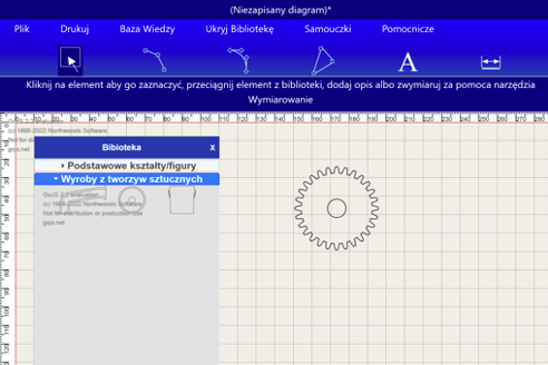 Ilustracja przedstawia stronę startową programu komputerowego. Znajdują się tam przyciski menu: plik, drukuj, baza wiedzy, biblioteka, samouczki, pomocnicze. Poniżej w obszarze rysowania znajduje się koło zębate i obok niego otwarte okno z belki menu głównego Biblioteka, podstawowe kształty figury, Wyroby z tworzyw sztucznych.