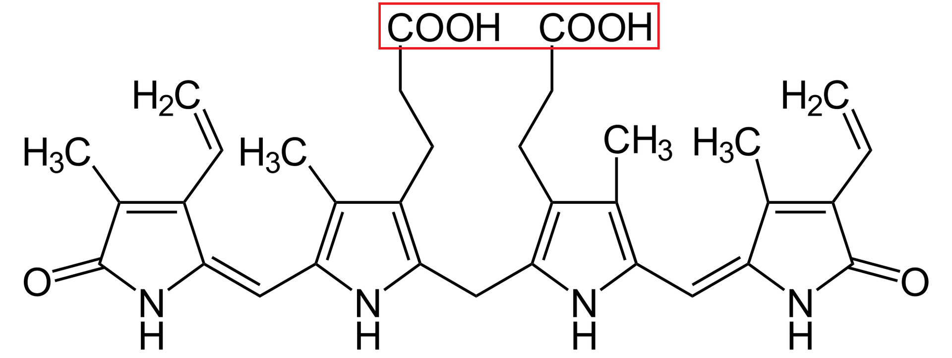 Ilustracja przedstawiająca cząsteczkę bilirubiny, w której to zaznaczono grupy funkcyjne ulegające dysocjacji. Są to dwie grupy karboksylowe.