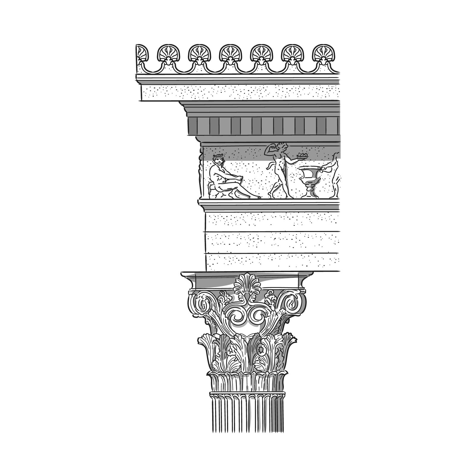 Czarno‑biała ilustracja przedstawia głowicę koryncką, na której spoczywa konstrukcja budynku. Głowica koryncka ma kształt czterokąta - trapezu, który został bogato przyozdobiony ornamentami oraz uformowanymi elementami na wzór liści akantu. Na głowicy spoczywa fragment konstrukcji dachu.