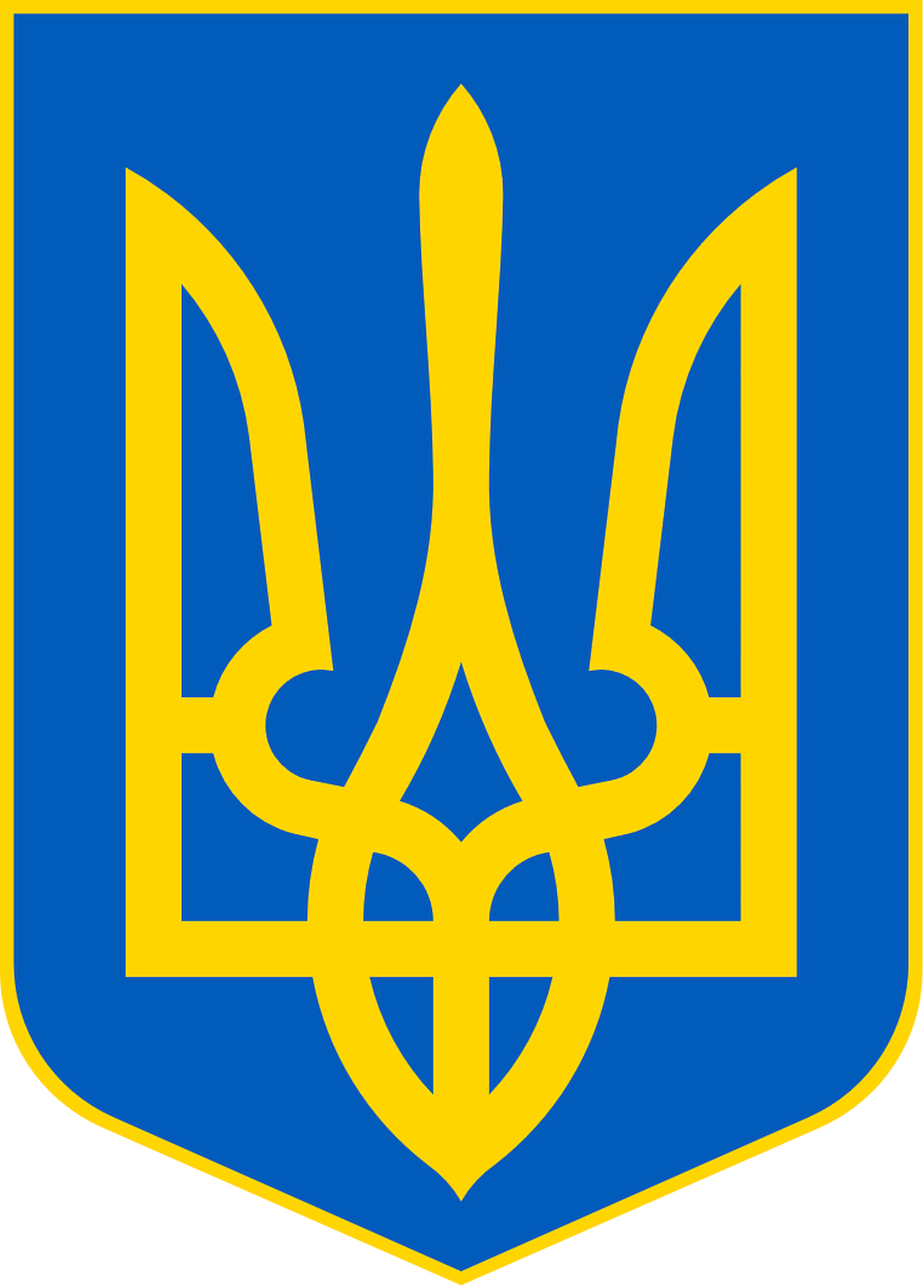 Ilustracja przedstawia herb Ukrainy. Symbol składa się ze złotego trójzębu na niebieskiej tarczy.