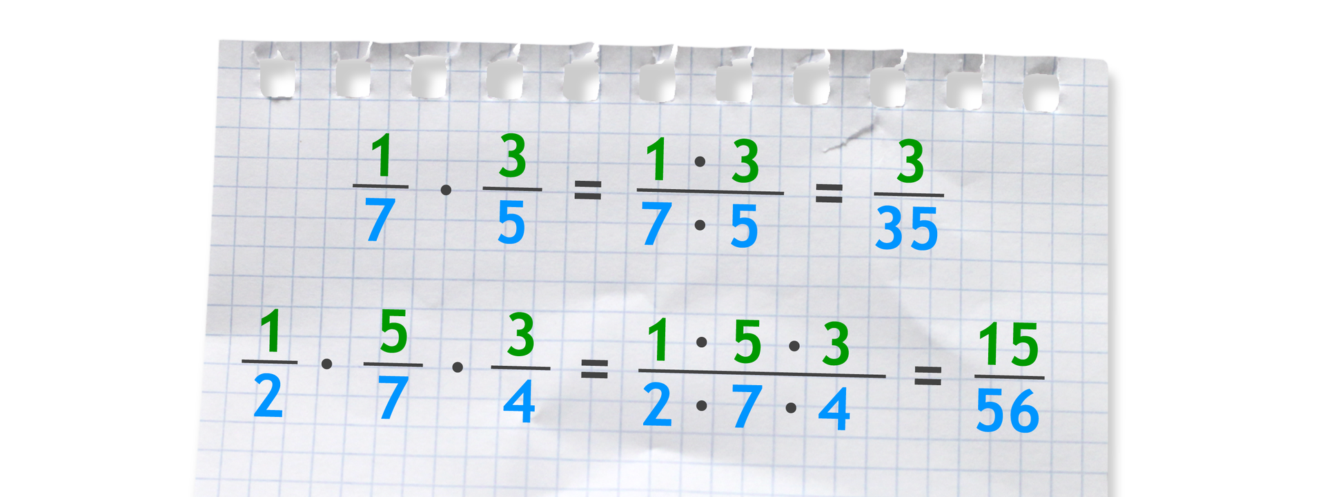 Dwa przykłady. Pierwszy: jedna siódma razy trzy piąte (w liczniku ułamka 1 razy 3, w mianowniku 7 razy 5) równa się trzy trzydzieste piąte. Drugi: jedna druga razy pięć siódmych razy trzy czwarte (w liczniku ułamka 1 razy 5 razy 3, w mianowniku 2 razy 7 razy 4) równa się piętnaście pięćdziesiąt szóstych.
