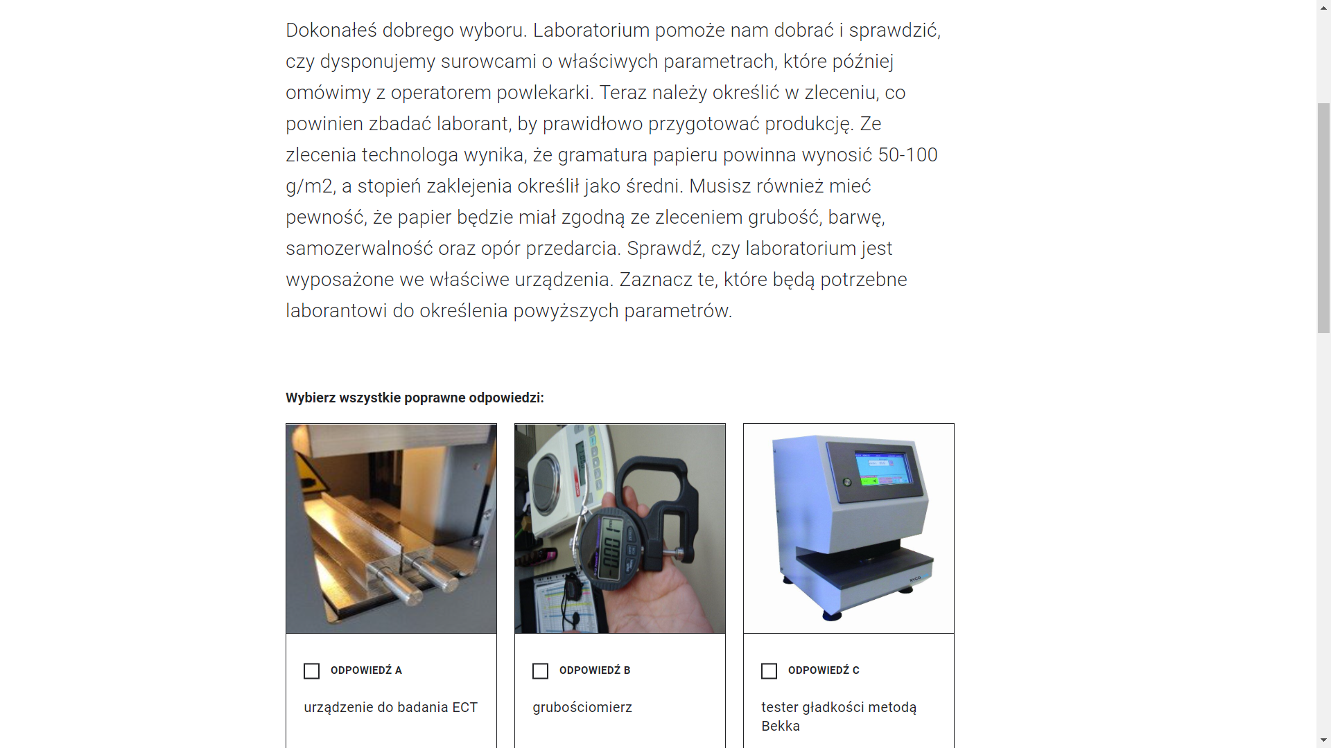 Przykładowy wygląd wyboru odpowiedzi