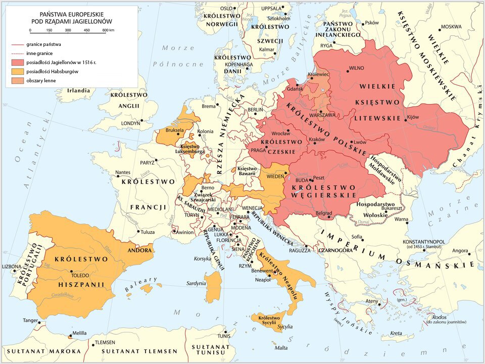 Mapa państwa europejskie pod rządami Jagiellonów