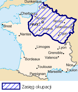 Ilustracja przedstawia mapę Francji. Północna część Francji to obszar opisano jako zasięg okupacji.