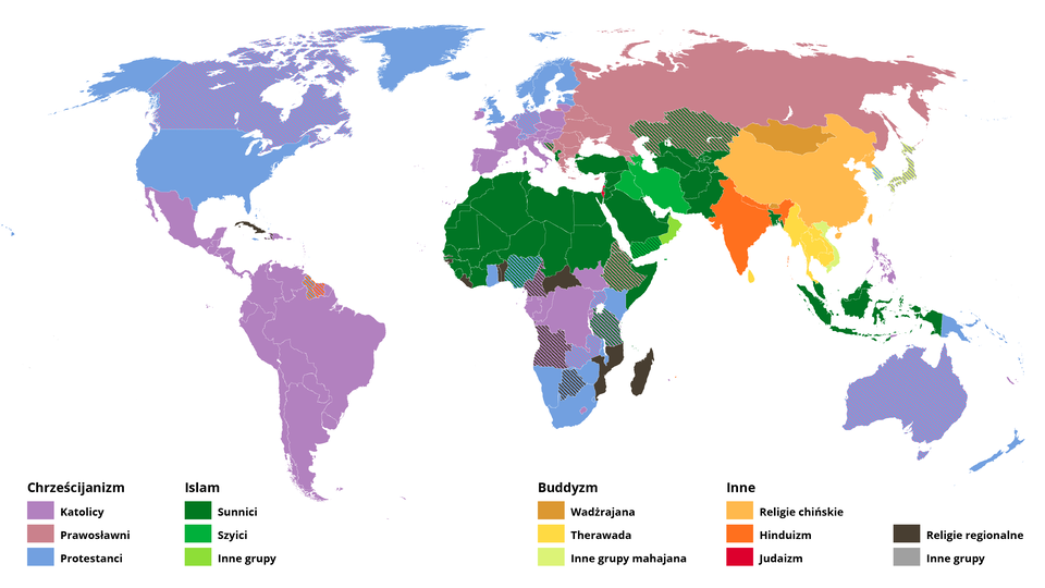 Mapa świata przedstawia rozmieszczenie wyznawców głównych religii. Religia chrześcijańska jest podzielona na trzy główne odłamy. Miejsca, gdzie żyją katolicy oznaczone są kolorem fioletowym, prawosławni kolorem różowym, a protestanci kolorem niebieskim. Terytoria, gdzie żyją wyznawcy islamu oznaczono różnymi odcieniami zieleni. Miejsca bytowania sunnitów są oznaczone na kolor ciemnozielony, szyitów zielony, a terytoria zamieszkane przez wyznawców innych grup należących do islamu oznaczone są kolorem jasnozielonym. Obszary, gdzie żyją wyznawcy buddyzmu oznaczone są kolorem pomarańczowym i żółtym - odpowiednio Wadżrajana kolorem pomarańczowym, Therawada kolorem jasnopomarańczowym a tereny zamieszkiwane przez inne grupy mahajana kolorem jasnożółtym. Tereny zamieszkiwane przez wyznawców religii chińskich oznaczono kolorem brzoskwiniowym, hinduizmu jasnoczerwonym a judaizmu ciemnoczerwonym. Miejsce, gdzie wyznaje się religie regionalne oznaczone są na czarno a obszary zamieszkane przez inne grupy religijne kolorem jasnoszarym. W Ameryce Północnej dominują protestanci oraz katolicy. W Ameryce Południowej znacząca większość mieszkańców wyznaje religię katolicką. Europa to głównie katolicy oraz protestanci, Rosja i inne kraje bloku wschodniego to wyznawcy prawosławia. Północną część Afryki dominują wyznawcy islamu, podobnie jak południową Azję. W centralnej i południowej Afryce mieszkają katolicy oraz protestanci wraz z wyznawcami innych religii regionalnych. Kraje południowo‑wschodniej Azji zamieszkują głównie buddyści oraz wyznawcy religii chińskich, hinduizmu i judaizmu. W Australii żyją zarówno katolicy, jak i protestanci.