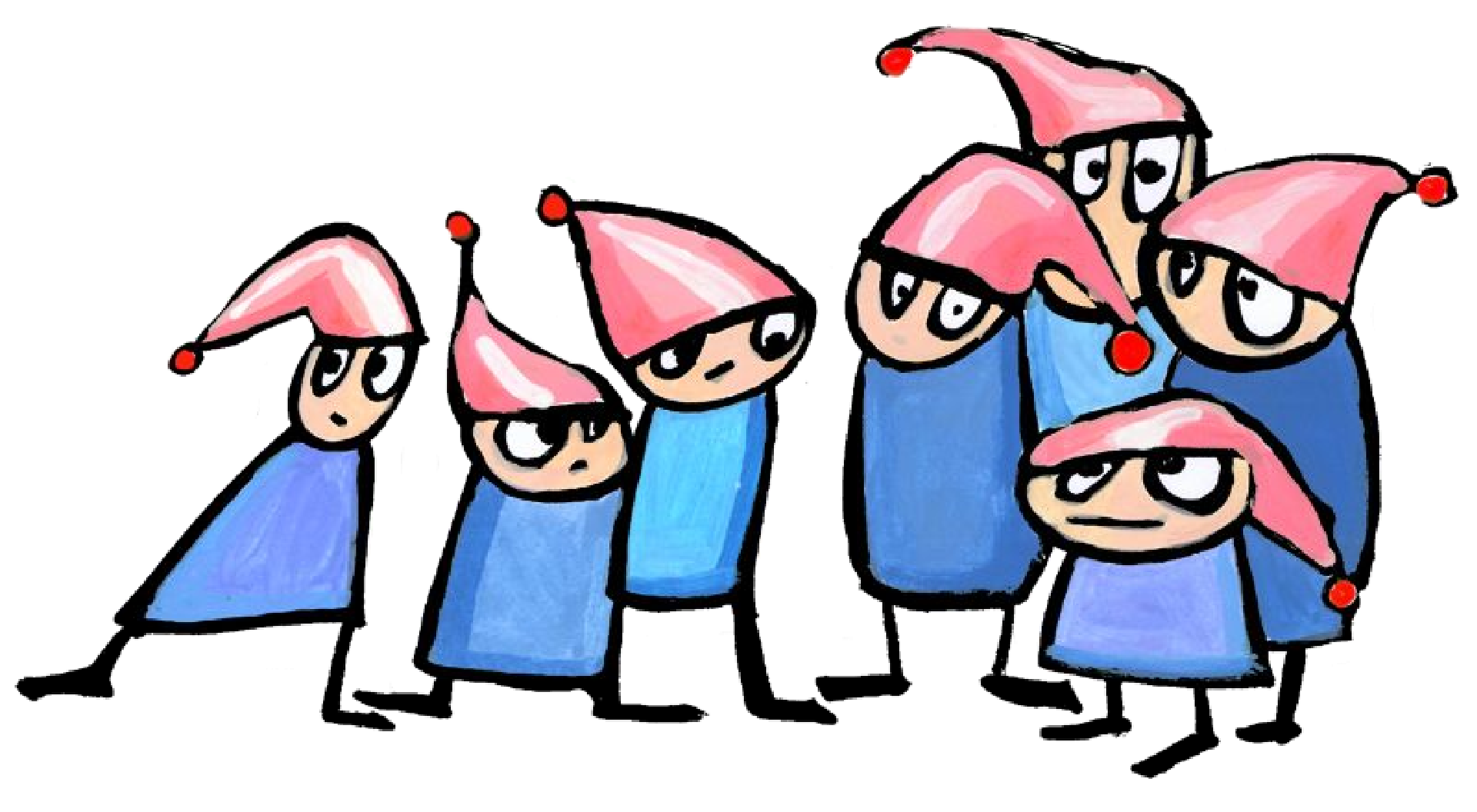 Kolorowy rysunek przedstawia 7 małych ludków w czerwonych czapeczkach.