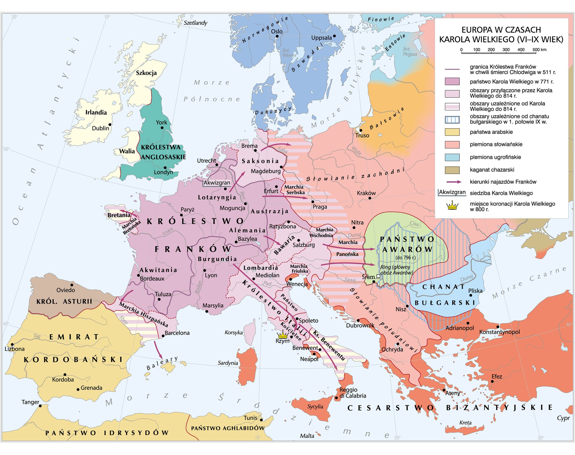 Grafika mapy przedstawiającej Europę w czasach Karola Wielkiego.