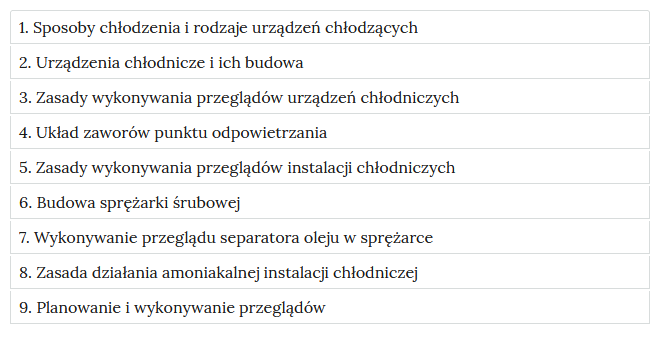 Na ilustracji jest przykładowy wygląd zakładek zawierających interaktywne materiały sprawdzające. Zawiera podpunkty od jeden do dziewięć i każdy ma tytuł, którego materiału dotyczy.