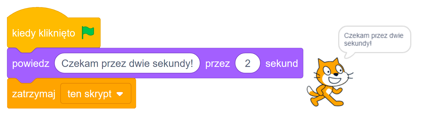 Skrypt zbudowany z 3 bloków: "kiedy kliknięto w zieloną flagę", akcji "powiedz przez 2 sekundy" z komunikatem "Czekam przez dwie sekundy!" i bloku domykającego "zatrzymaj ten skrypt".