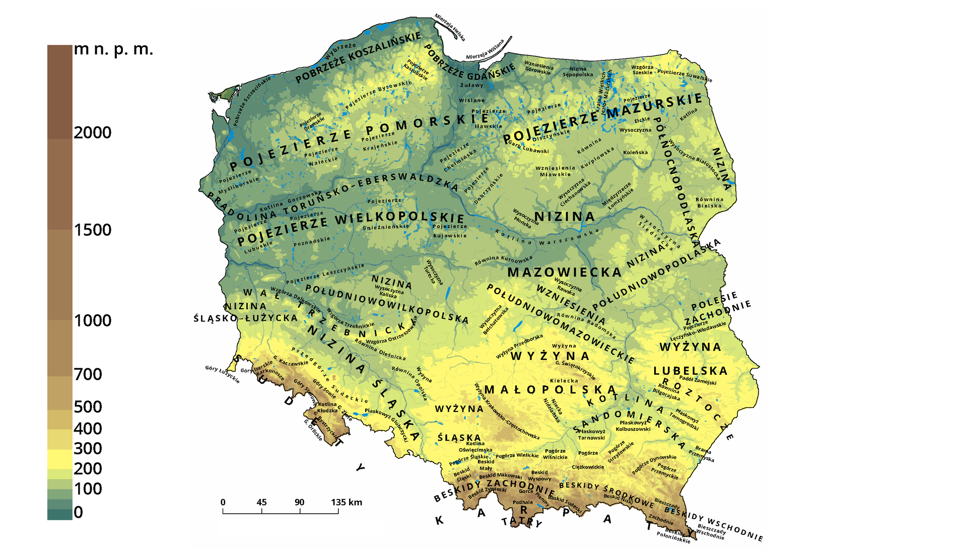 Na mapie Polski zaznaczono krainy geograficzne. Krainy geograficzne w Polsce ułożone są równoleżnikowo (pasowo), przechodząc od terenów nizinnych na północy i w Polsce centralnej do terenów wyżynnych i górskich na południu. Przeważającą część obszaru kraju zajmują tereny nizinne wschodniej części Niżu Środkowoeuropejskiego. Dominujący w krajobrazie Niż Polski zawiera następujące części Niżu Środkowoeuropejskiego: Pobrzeża Południowobałtyckie, Pojezierza Południowobałtyckie, Niziny Sasko-Łużyckie i Niziny Środkowopolskie. Północno-wschodnia część kraju zajmuje Pobrzeża Wschodniobałtyckie, Pojezierza Wschodniobałtyckie oraz Wysoczyzny Podlasko-Białoruskie. Nadbużańskie krańce wschodnie znajdują się na terenie Polesia i Wyżyny Wołyńsko-Podolskiej. Polesie wchodzi w skład Niżu Wschodniobałtycko-Białoruskiego, a Wyżyna Wołyńsko-Podolska stanowi zachodnią część Wyżyn Ukraińskich. Pas wyżyn tworzą Masyw Czeski, to jest polska część Sudetów z Przedgórzem Sudeckim, oraz Wyżyny Polskie, na które składają się Wyżyna Śląsko-Krakowska, Wyżyna Małopolska i Wyżyna Lubelsko-Lwowska. Podział Karpat na terenie Polski obejmuje Karpaty Zachodnie z Podkarpaciem Zachodnim i Północnym (Kotlina Ostrawska, Kotlina Oświęcimska, Brama Krakowska i Kotlina Sandomierska) oraz Karpaty Wschodnie z Podkarpaciem Wschodnim (Płaskowyż Sańsko-Dniestrzański). Karpaty Zachodnie dzielą się na Zewnętrzne Karpaty Zachodnie i Centralne Karpaty Zachodnie, a Karpaty Wschodnie to Zewnętrzne Karpaty Wschodnie, nazywane również Beskidami Wschodnimi.
