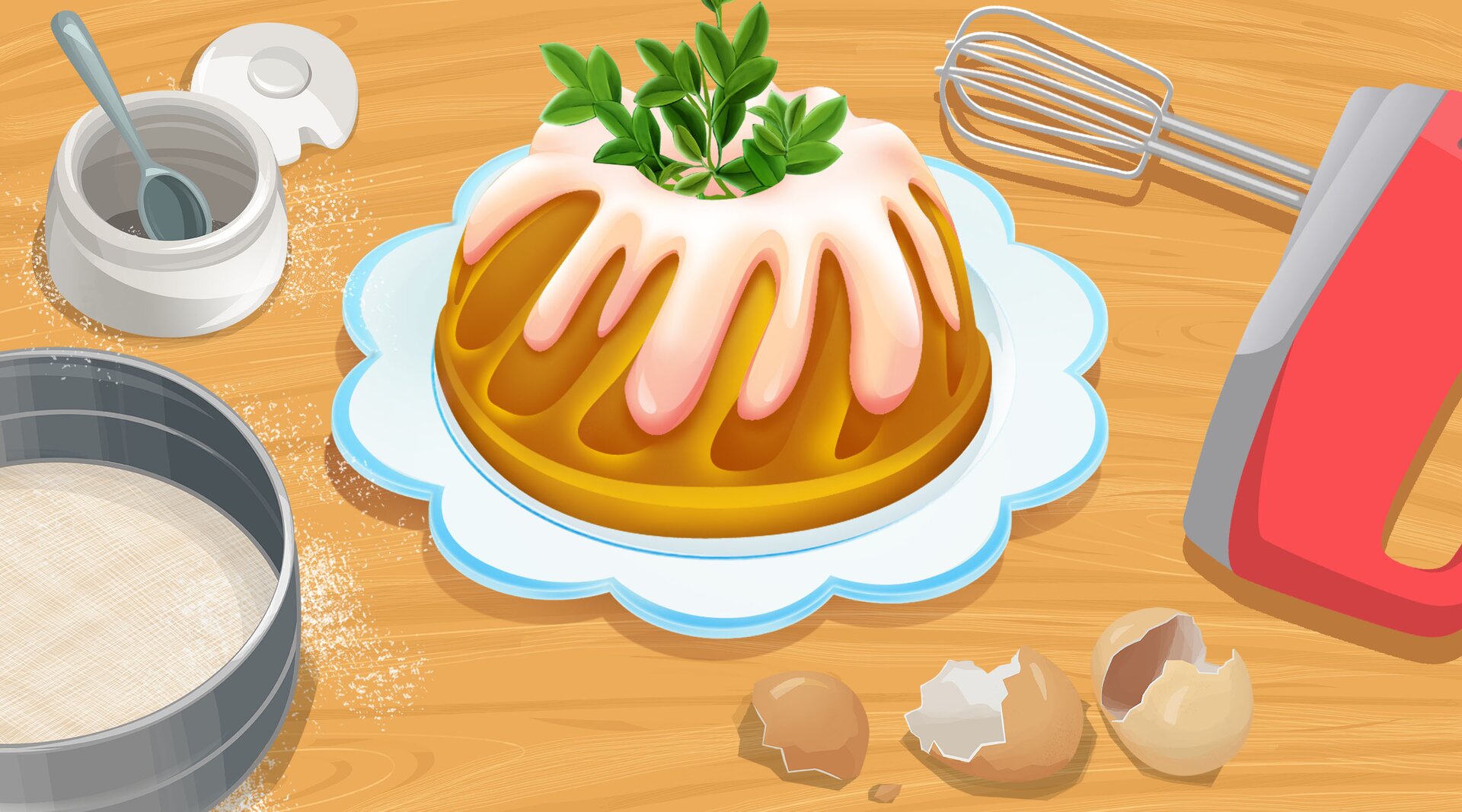 Na ilustracji znajdują się ciasto wielkanocne i przyrządy do pieczenia. 