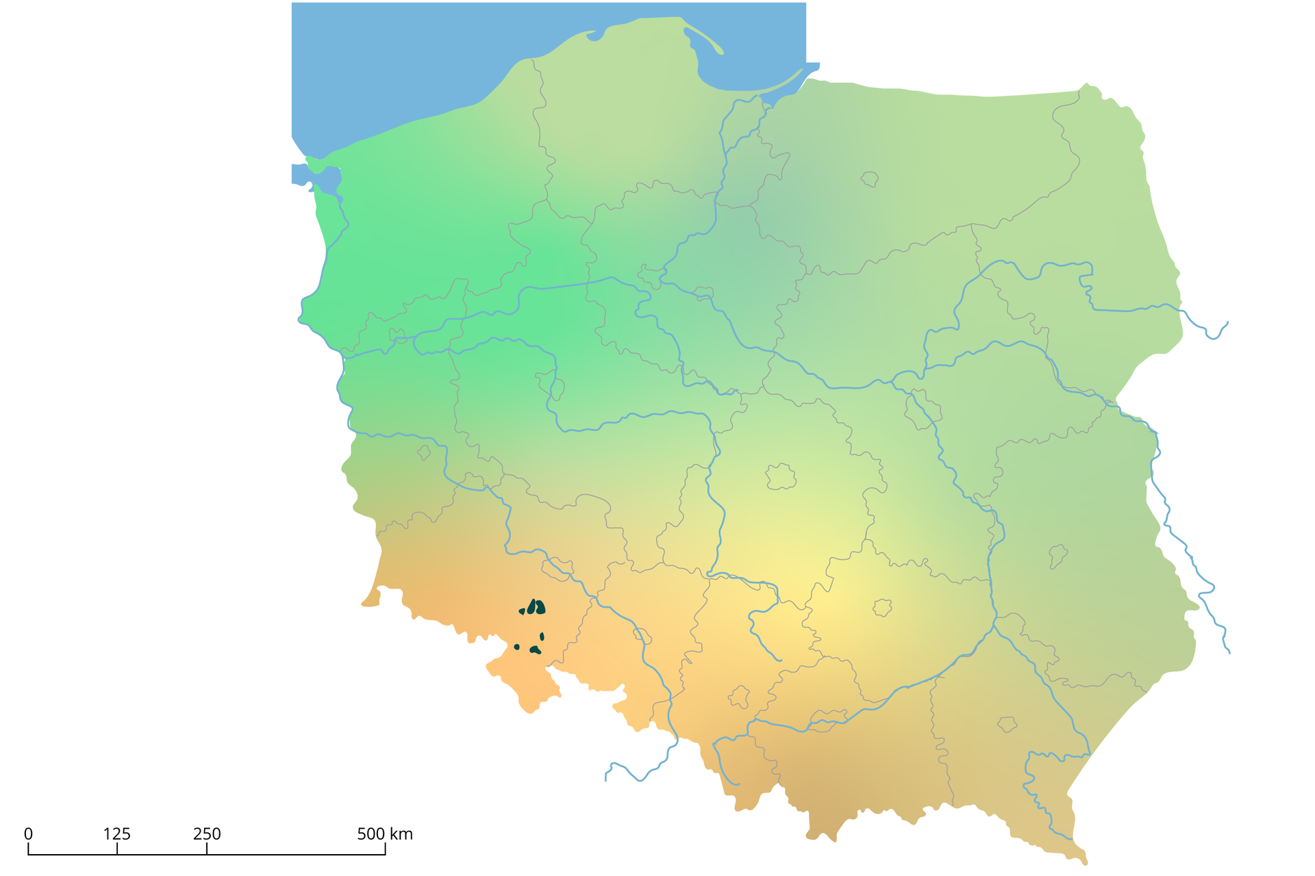 Mapa F. Na mapie Polski w województwie dolnośląskim - w jego południowo-wschodniej części jest kilka ciemnozielonych punktów. 