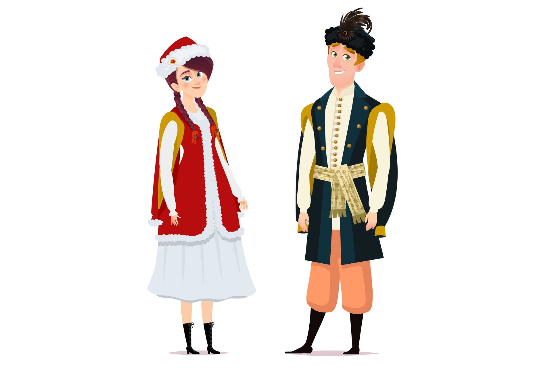 Ilustracja przedstawia kobietę i mężczyznę na białym tle. Kobieta, stojąca z lewej strony, ma na sobie białą koszulę z koronkowymi zdobieniami przy rękawach; szeroką, sięgającą poniżej kolan żółtą spódnicę z wystającym spod spodu różowym materiałem oraz niebieski, sięgający ud kaftan, którego krótkie rękawy wykończono czerwonym materiałem. na głowie nosi wianek z czerwonych oraz niebieskich kwiatów, a na stopach – różowe buty na niskim obcasie. Jej włosy związane są w dwa warkocze. Mężczyzna, stojący z prawej strony, ma na sobie pomarańczową koszulę sięgającą do połowy ud; niebieski kaftan z rozcięciami na rękawach, przewiązany w pasie; szerokie, niebieskie spodnie oraz brązowe buty z wysokimi cholewkami. Para jest uśmiechnięta. 
