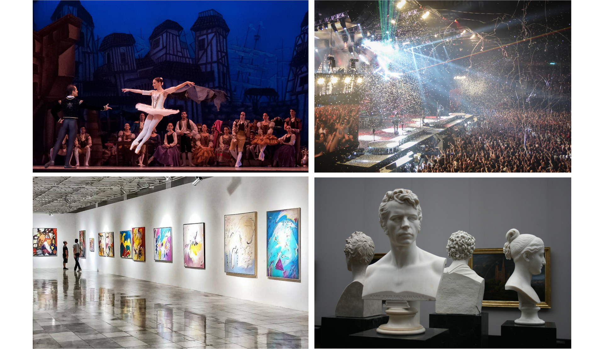 Ilustracja składa się z czterech zdjęć przedstawiających różne wydarzenia kulturalne. Po lewej u góry na zdjęciu widoczna jest scena z baletu. Zdjęcie po prawej u góry przedstawia scenę i widownię na koncercie. Po lewej na dole widoczna jest sala gdzie odbywa się wystawa obrazów. Obrazy wiszą na ścianie. Na zdjęciu po prawej na dole widoczne są rzeźby przedstawiające popiersia.