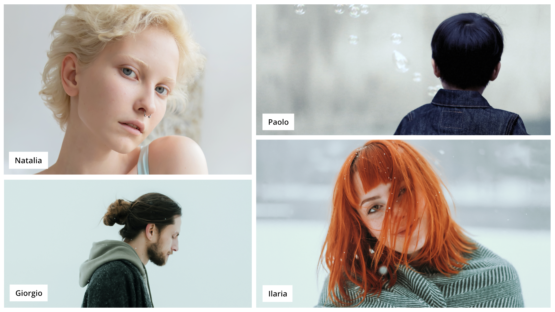 Ilustracja składa się z czterech zdjęć przedstawiających osoby o różnych typach i kolorach włosów. Po lewej u góry znajduje się dziewczyna z krótkimi blond włosami. Zdjęcie podpisane jest imieniem Natalia. Po prawej stronie u góry znajduje się stojący tyłem do kadru młody chłopak z ciemnymi włosami. Zdjęcie podpisane jest imieniem Paolo. Po lewej na dole znajduje się mężczyzna z dłuższymi włosami z kitką. Zdjęcie podpisane jest imieniem Giorgio. Po prawej na dole znajduje się dziewczyna z rudymi włosami. Zdjęcie podpisane jest imieniem Ilaria.