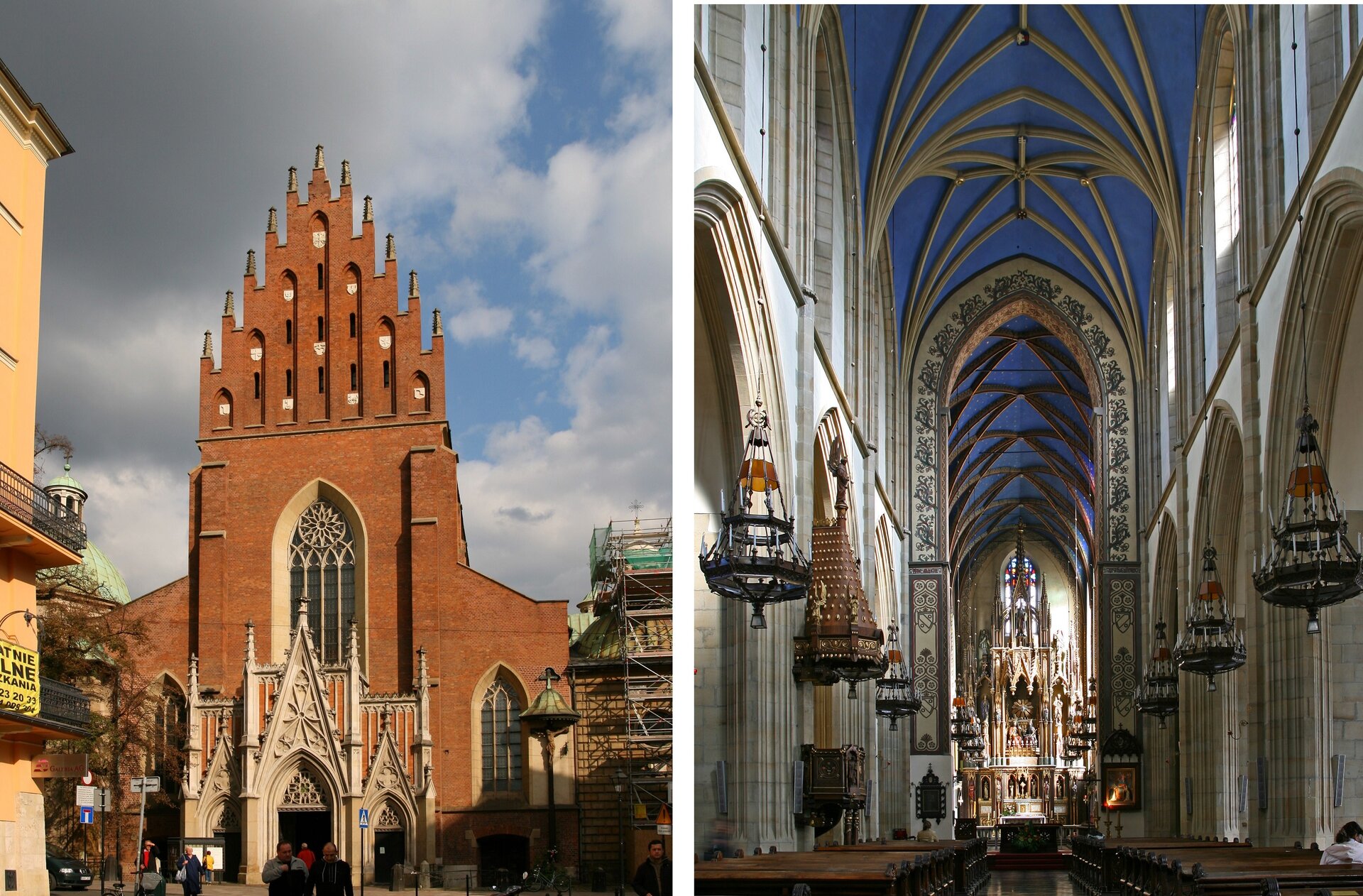 Ilustracja o kształcie poziomego prostokąta przedstawia dwie fotografie Kościoła św. Trójcy w Krakowie. Zdjęcie po lewej stronie przedstawia bryłę od strony zachodniej, z trzema portalami wejściowymi dekorowanymi wimpergami i wieżyczkami. Środkowy portal jest wyższy i szerszy od bocznych. W ścianie nad głównym portalem znajduje się dużych rozmiarów okno zakończone łukiem ostrym.  Całość wieńczy trójkątny, uskokowy szczyt. Po bokach znajdują się fragmenty budynków miejskich. Tłem jest błękitne niebo z białymi obłokami. Zdjęcie po prawej stronie przedstawia wnętrze kościoła. Ukazana jest nawa główna i ściana dzieląca ją od nawy bocznej, z filarami i arkadowymi łukami. W dali znajduje się prezbiterium. Zdjęcie zostało wykonane od dołu, widać na nim sklepienie gwiaździste. Jego płaszczyzny są koloru błękitnego. 