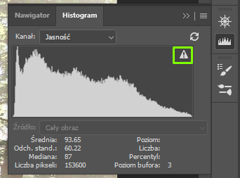 Ilustracja przedstawia panel dotyczący histogramu. W polu Kanał wpisano Jasność. Po prawej stronie wykresu jest ikona z wykrzyknikiem. Poniżej są parametry histogramu. 