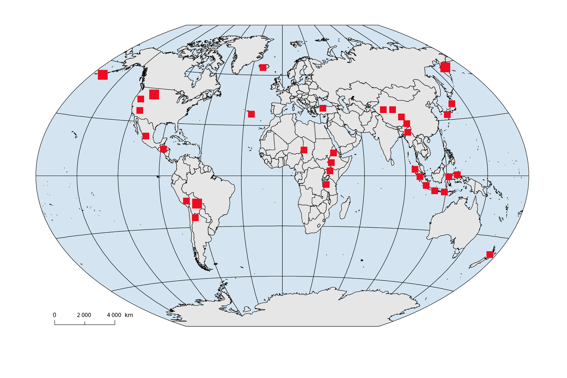 Na mapie świata zaznaczono występowanie gejzerów. Najsłynniejsze miejsca występowania gejzerów na świecie to: Park Narodowy Yellowstone (Wyoming, USA), Islandia, Wyspa Północna (Nowa Zelandia), Kamczatka (Rosja), Japonia. Pojedyncze gejzery znajdują się w Chile, Meksyku, Indonezji, Chinach, na Azorach i na wyspach Pacyfiku, a także na wyspie Unmak na Alasce i w Basin and Range Province w zachodniej części USA.