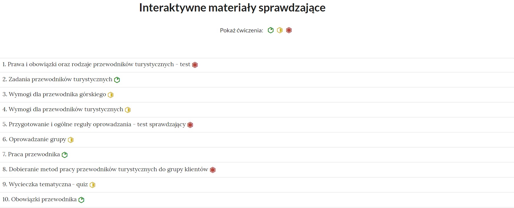 Grafika przedstawia widok interaktywnych materiałów sprawdzających. Na białym tle widoczna jest lista numeryczna z tytułami ćwiczeń. Po prawej stronie każdego tytułu znajduje się symbol określający stopień trudności zadania: sześciokąt z zielonymi krawędziami z wpisanym, na godzinie 13, zielonym trójkątem – poziom trudności niski, sześciokąt z żółtymi krawędziami z wpisanym po prawej jego stronie żółtymi trapezem – poziom trudności średni, i  sześciokąt z czerwonymi krawędziami z wpisanym w niego czerwonym sześciokątem – poziom trudności wysoki.