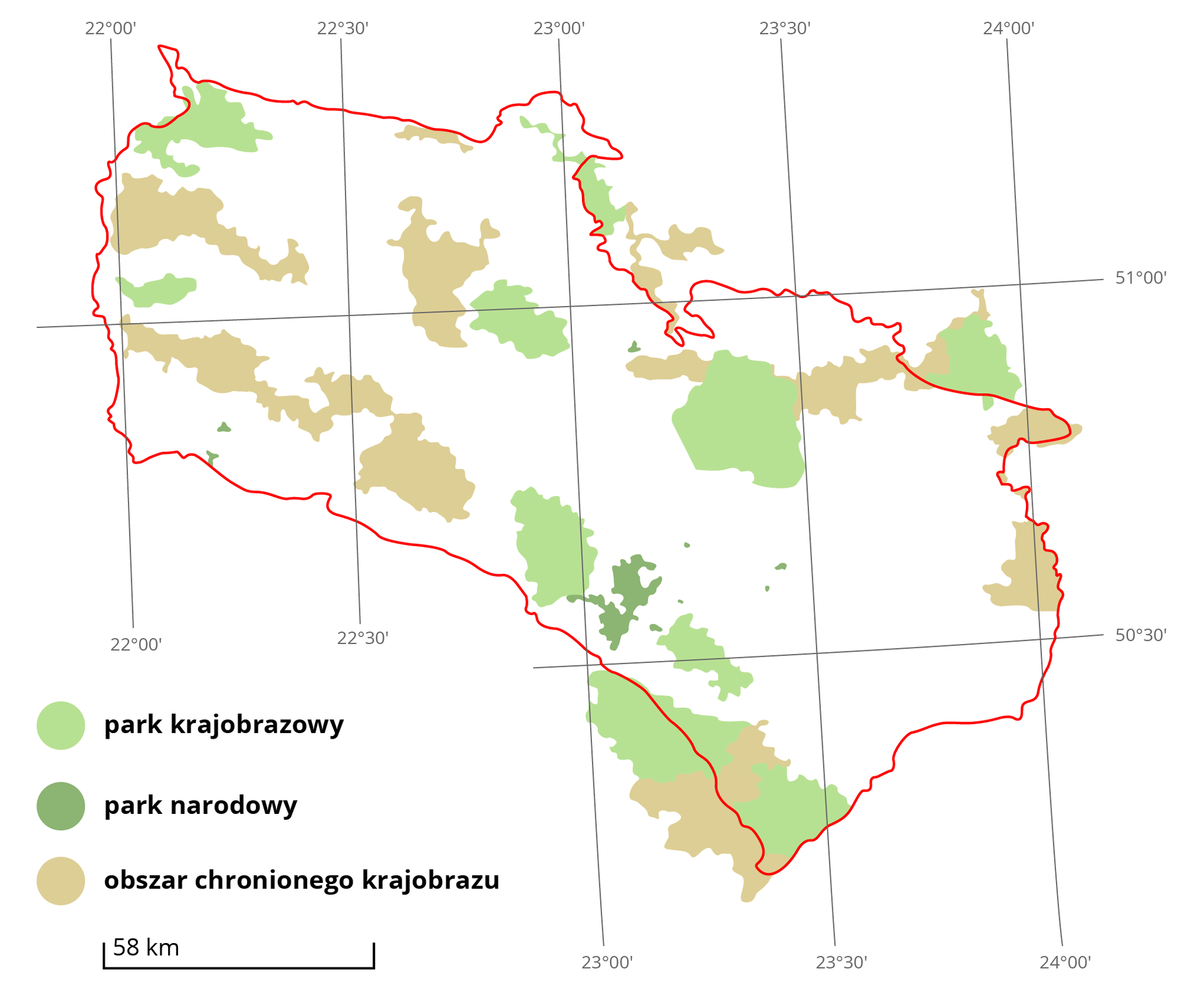 Ilustracja przedstawia mapę form ochrony przyrody na Wyżynie Lubelskiej. Oznaczono kolorami parki krajobrazowe, parki narodowe i obszary chronionego krajobrazu. Na terenie Wyżyny występuje jeden park narodowy, na południowy zachód od Zamościa. Występuje 6 parków krajobrazowych mieszczących się całkowicie w obszarze Wyżyny oraz 4 parki położone częściowo w jej granicach. Parki znajdują się na północ i południe od Zamościa oraz na zachodzie Wyżyny. Na terenie Wyżyny Lubelskiej i Roztocza występuje także 9 obszarów chronionego krajobrazu całkowicie położonych w jej granicach i 3 położone częściowo w jej granicach. Obszary chronionego krajobrazu zlokalizowane są głównie w zachodniej części Wyżyny oraz przy granicy z Białorusią. 