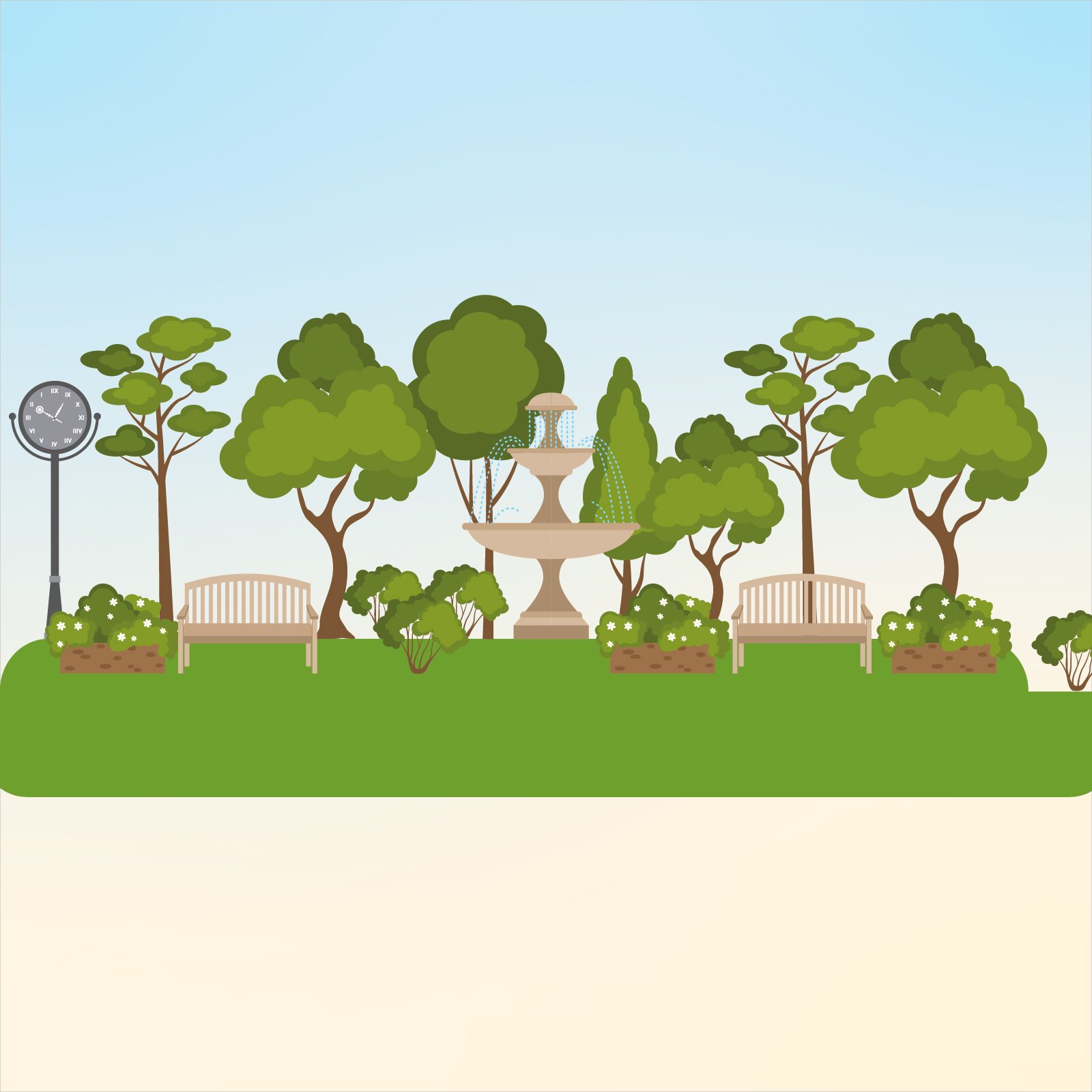 Ilustracja przedstawia park pokryty bujną roślinnością. W parku widoczne są murki z roślinami ozdobnymi, liczne, różnorodne drzew, fontanna, z której tryska woda, dwie białe ławeczki, zegar na słupie.