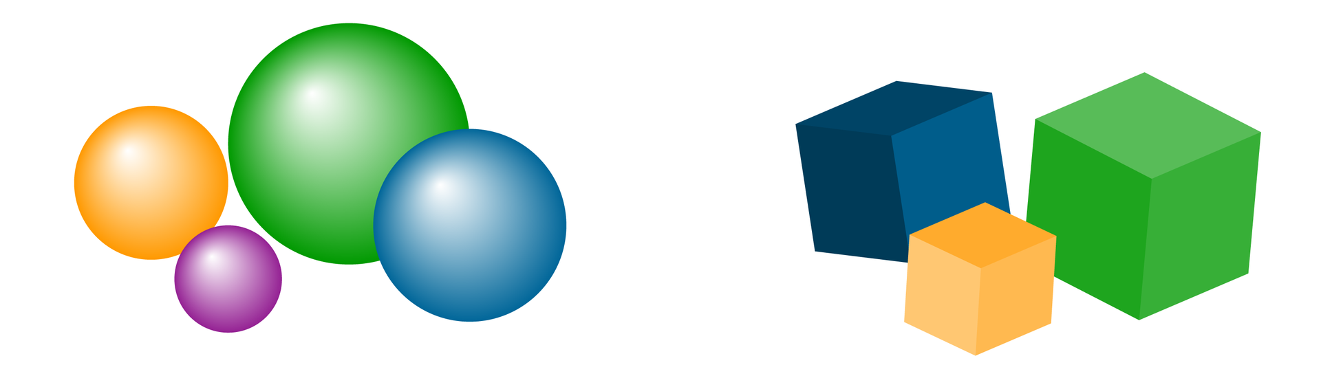 W lewej części rysunku narysowano cztery kule różnych wielkości. Najmniejsza kula ma kolor fioletowy, nieco większa kula ma kolor pomarańczowy, jeszcze większa kula ma kolor niebieski, a największa kula ma kolor zielony. W prawej części rysunku narysowano trzy sześciany różnych wielkości. Najmniejszy sześcian ma kolor pomarańczowy, nieco większy sześcian ma kolor granatowy, a największy sześcian ma kolor zielony.