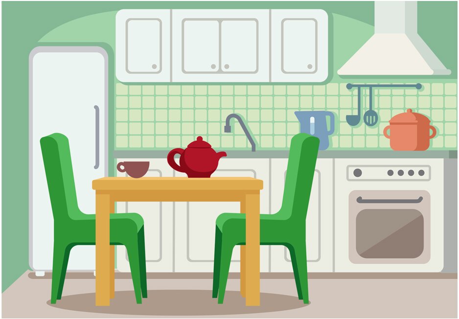 Ilustracja przedstawia kuchnię, w której stoi stół i dwa krzesła. 