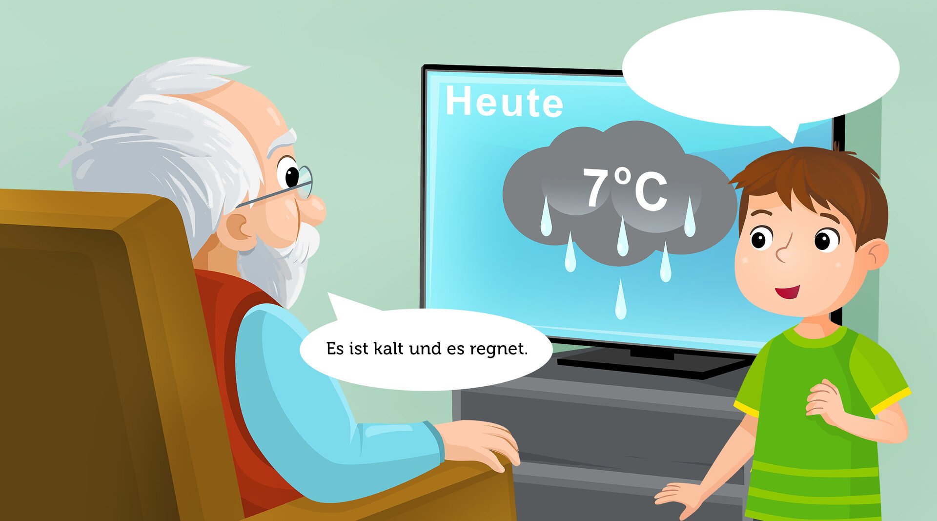 Ilustracja przedstawia chłopca i dziadka. Na ekranie telewizora widoczna jest prognoza pogody. Dzisiaj spodziewane są opady deszczu.